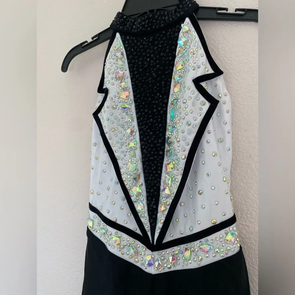 Glamour solo dance costume white black tux jumpsuit embellished LC-large child